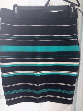 🌴Romeo & Juliet Couture Black Teal and White Striped Pencil Skirt Size M